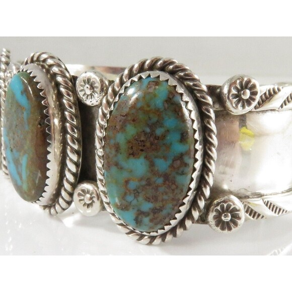 Stunning Sterling Silver Triple Blue Gem Turquoise Navajo Style Unsigned Cuff - Picture 11 of 12